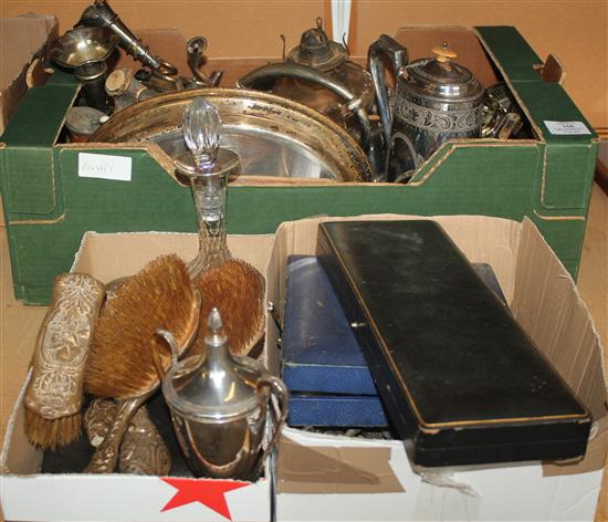 Silver 2 handled vase, ring box, various plated teapots etc